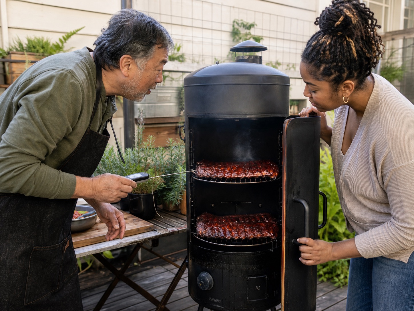 Neighbors checking smoked ribs in a backyard vertical smoker