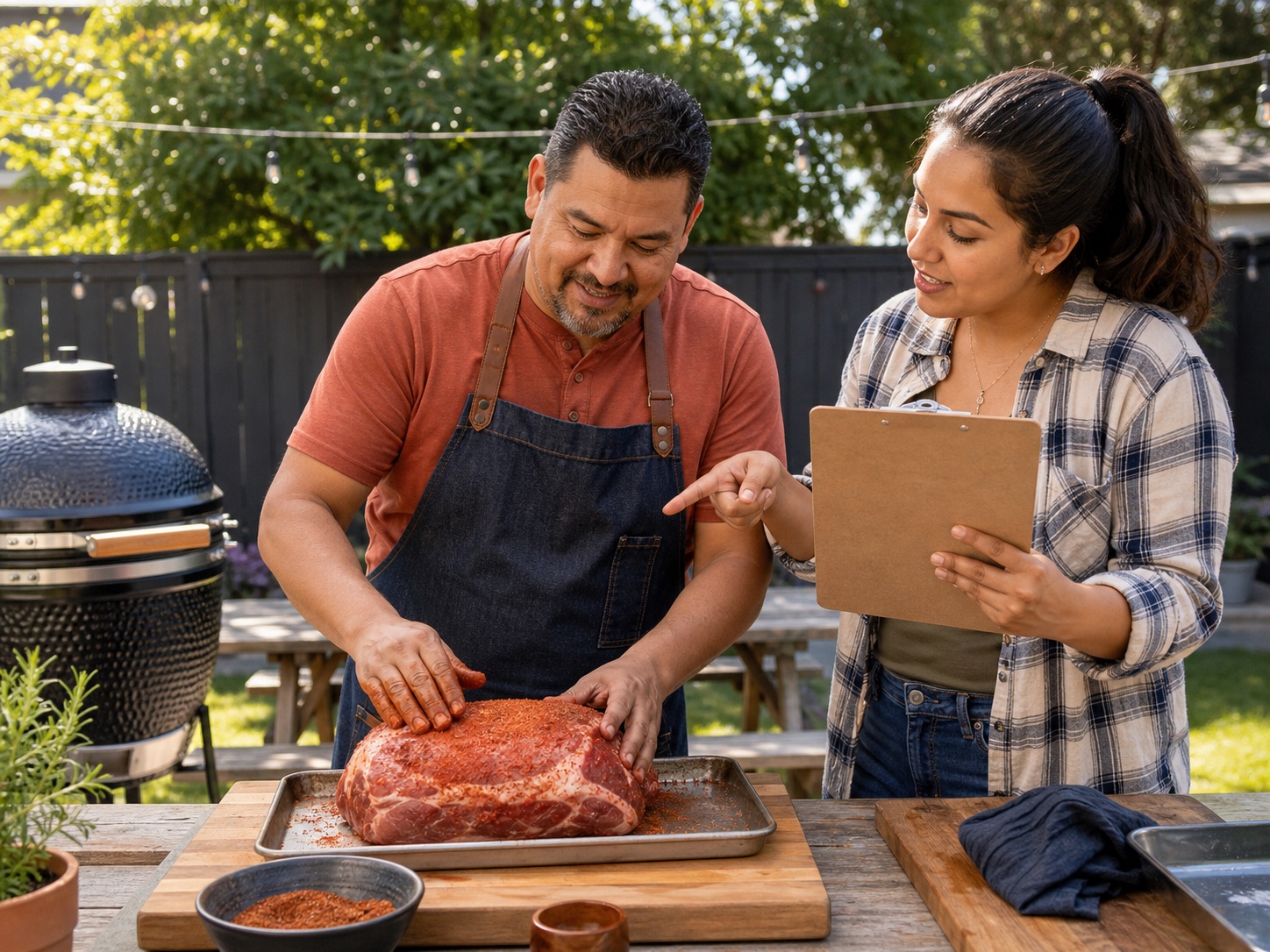 A father and daughter planning a cook while seasoning pork beside a kamado smoker