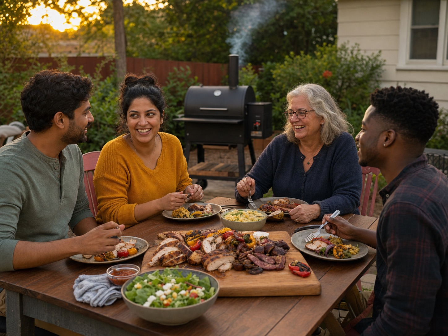 A multigenerational group of neighbors sharing smoked food around a backyard table